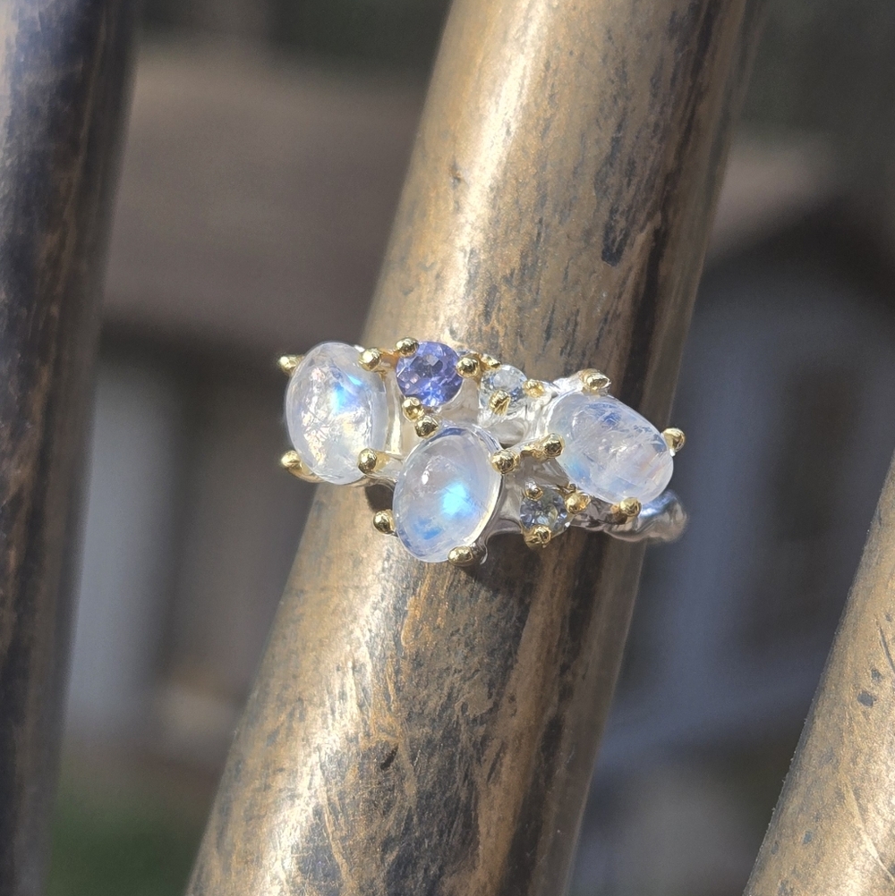 HOST PICK🎉🎊Moonstone Lolite & Topaz Natural Sterling & Gold Ring Sz6 - Picture 7 of 10